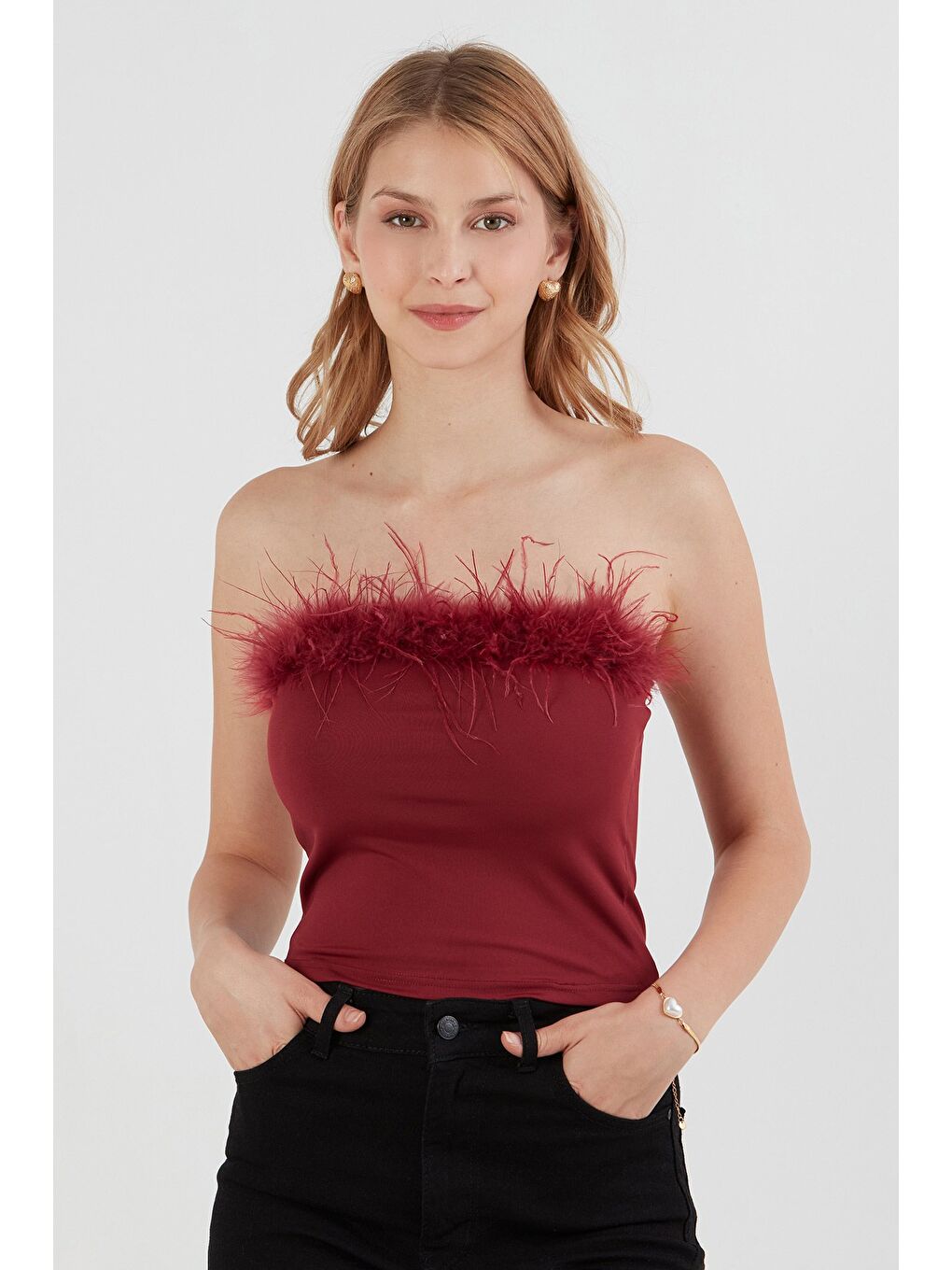 Bordo Basic Tüylü Straplez Crop Bluz