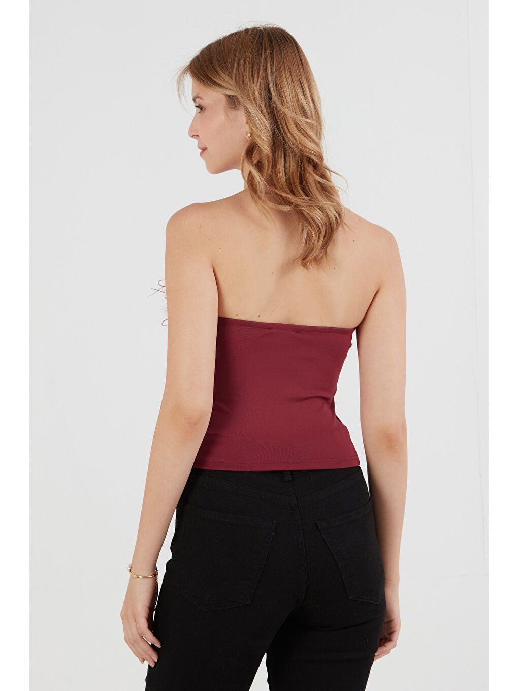 Bordo Basic Tüylü Straplez Crop Bluz-1
