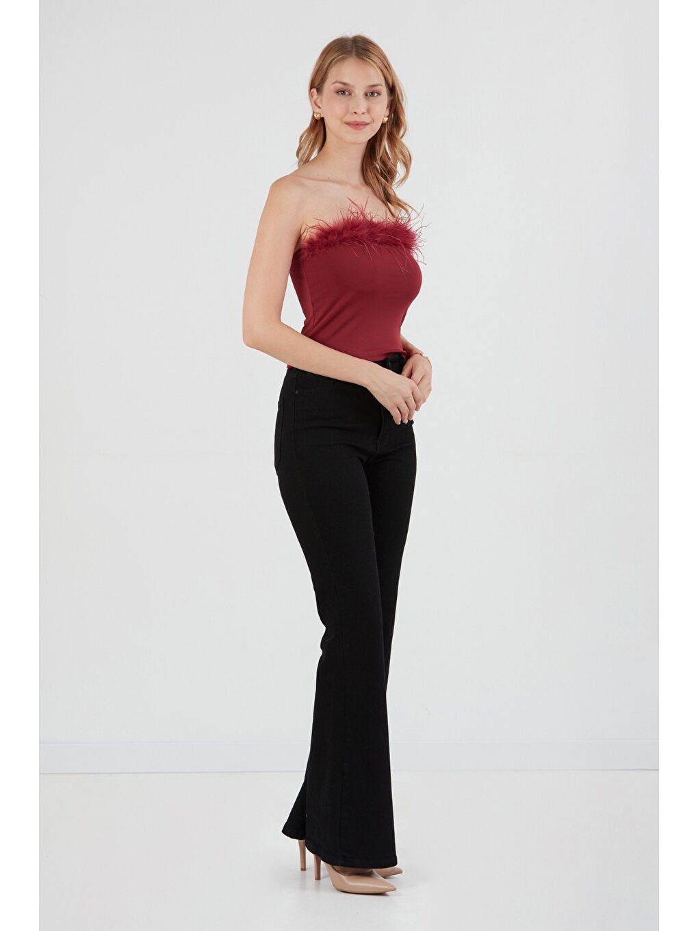 Bordo Basic Tüylü Straplez Crop Bluz-2