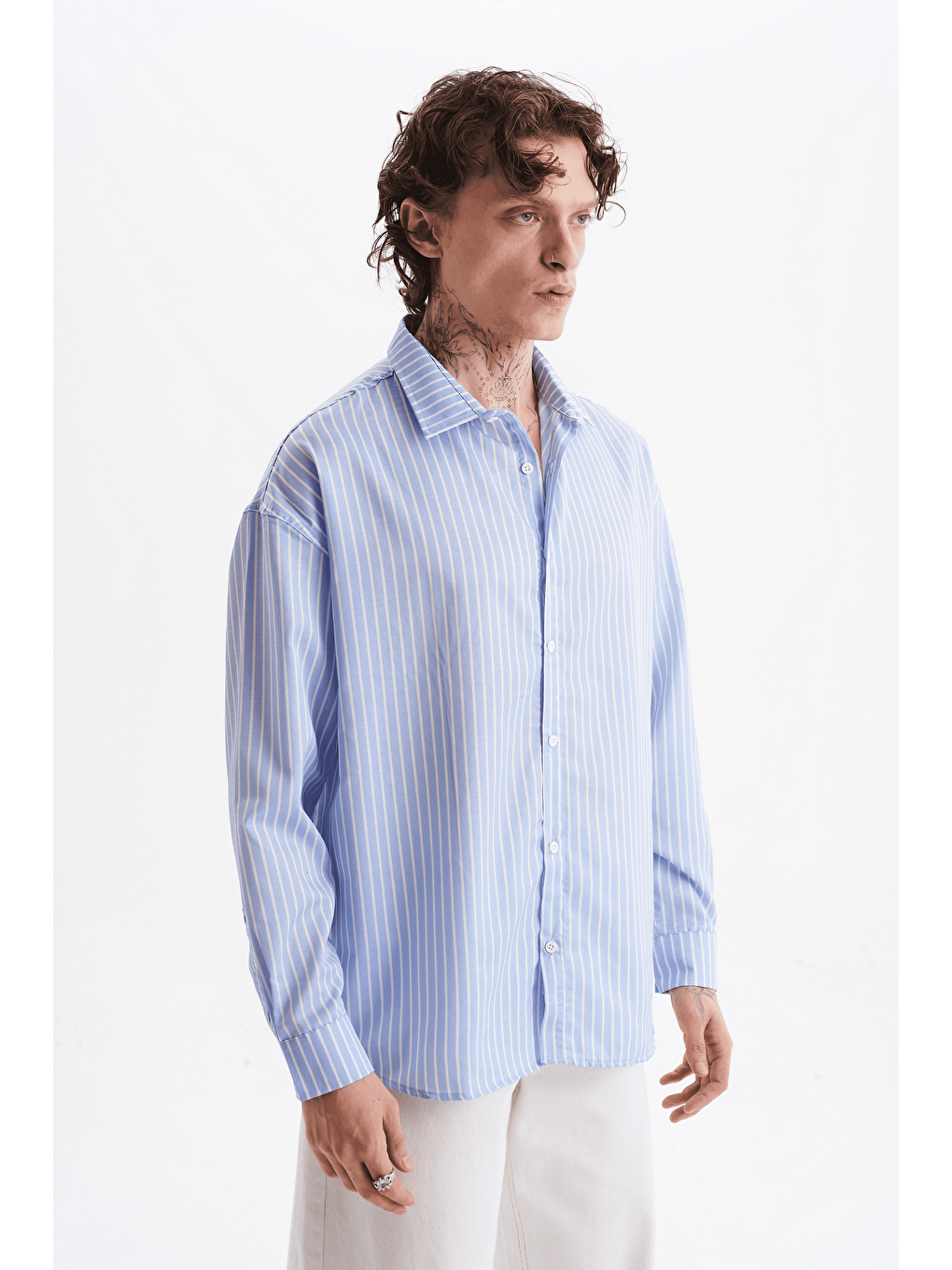 Erkek %100 Pamuklu Çizgili Gömlek Buz Mavisi-3