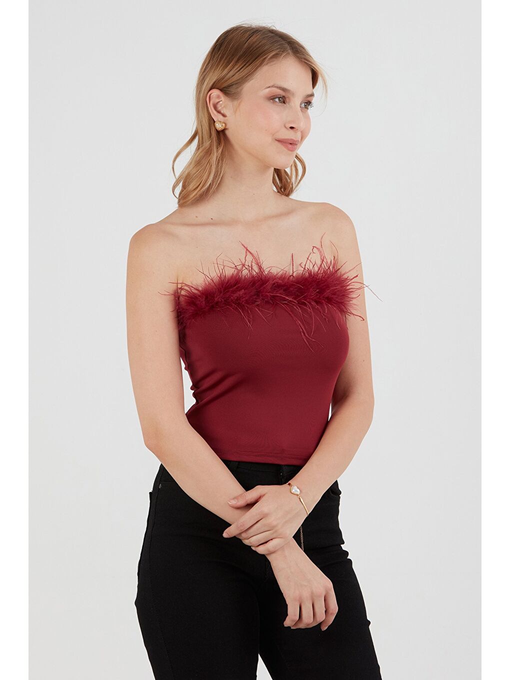 Bordo Basic Tüylü Straplez Crop Bluz-3