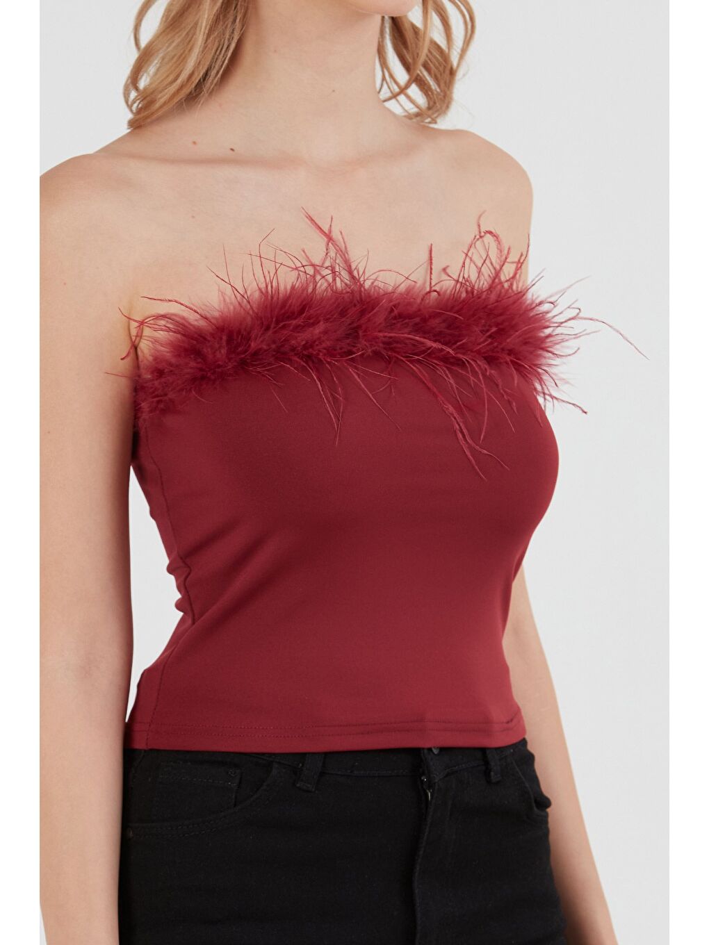 Bordo Basic Tüylü Straplez Crop Bluz-4