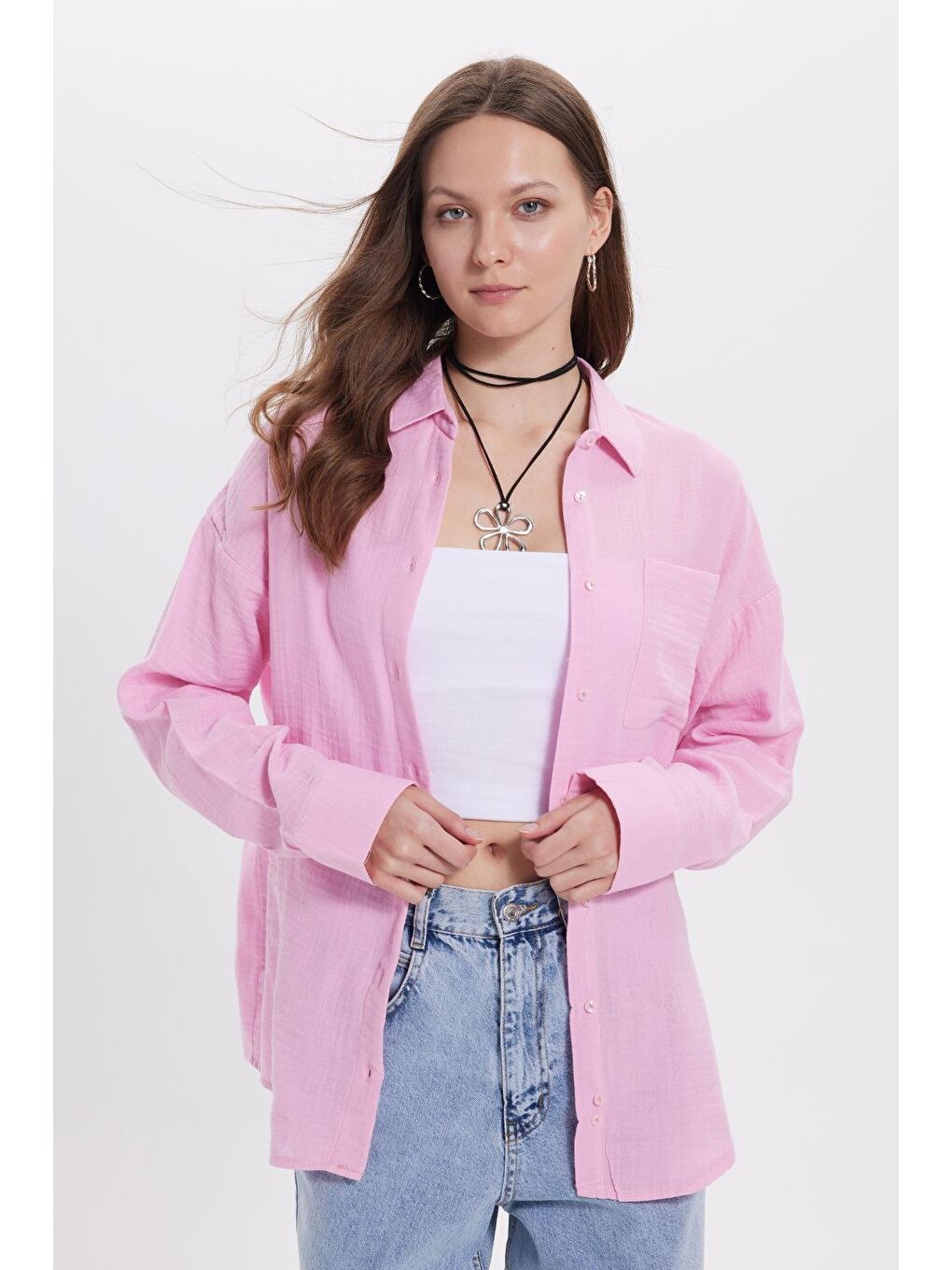 Kadın Oversize Geniş Kesim %100 Pamuk Müslin Kumaş Uzun Kollu Cepli Dokulu Lila Gömlek-1