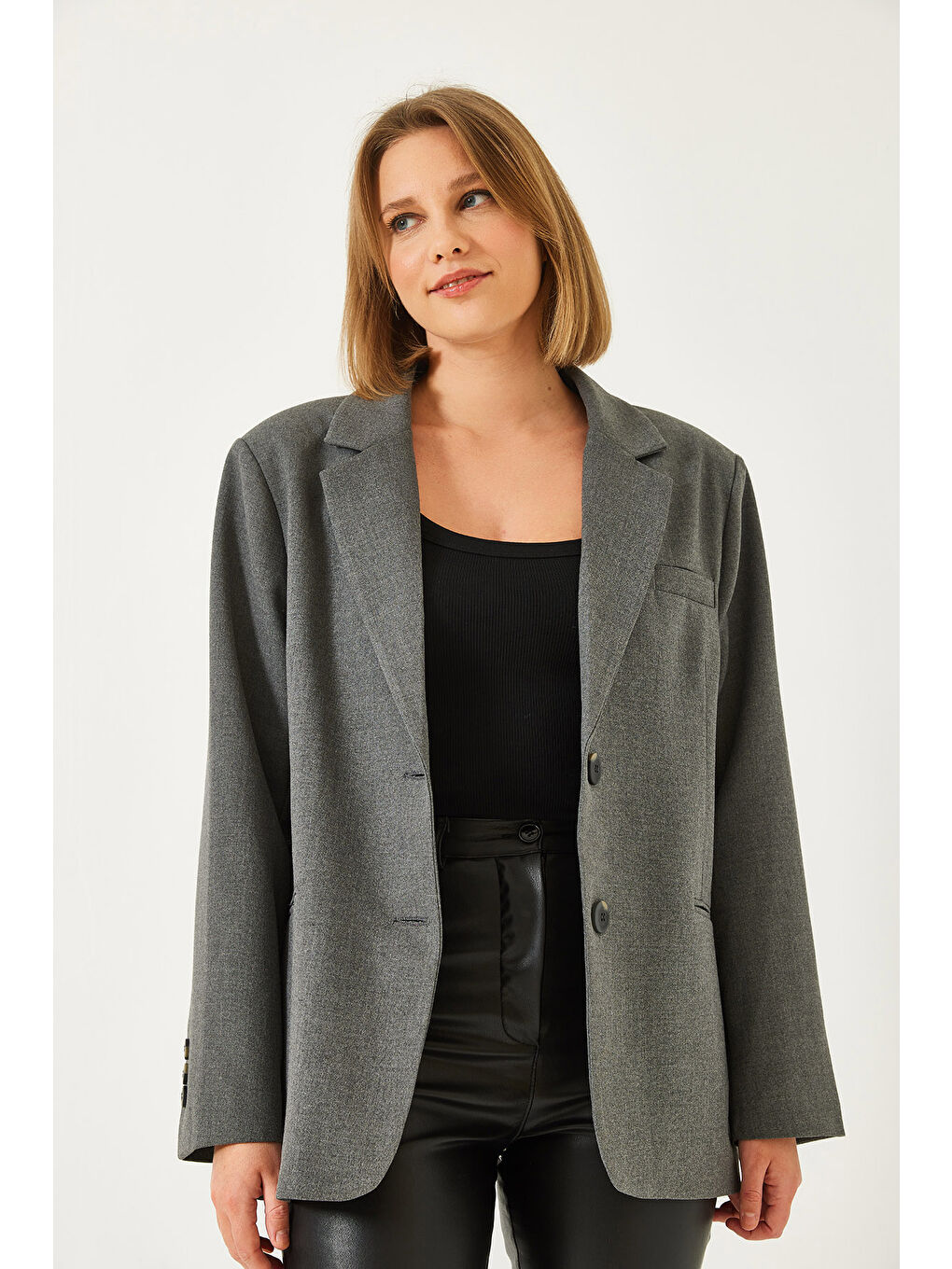 Antrasit Kadın Vatkalı Çift Cepli Astarlı Blazer Ceket-2