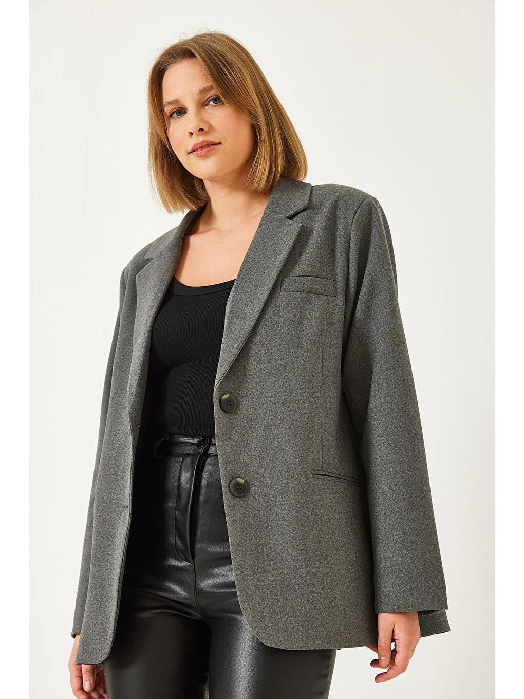 Antrasit Kadın Vatkalı Çift Cepli Astarlı Blazer Ceket-3