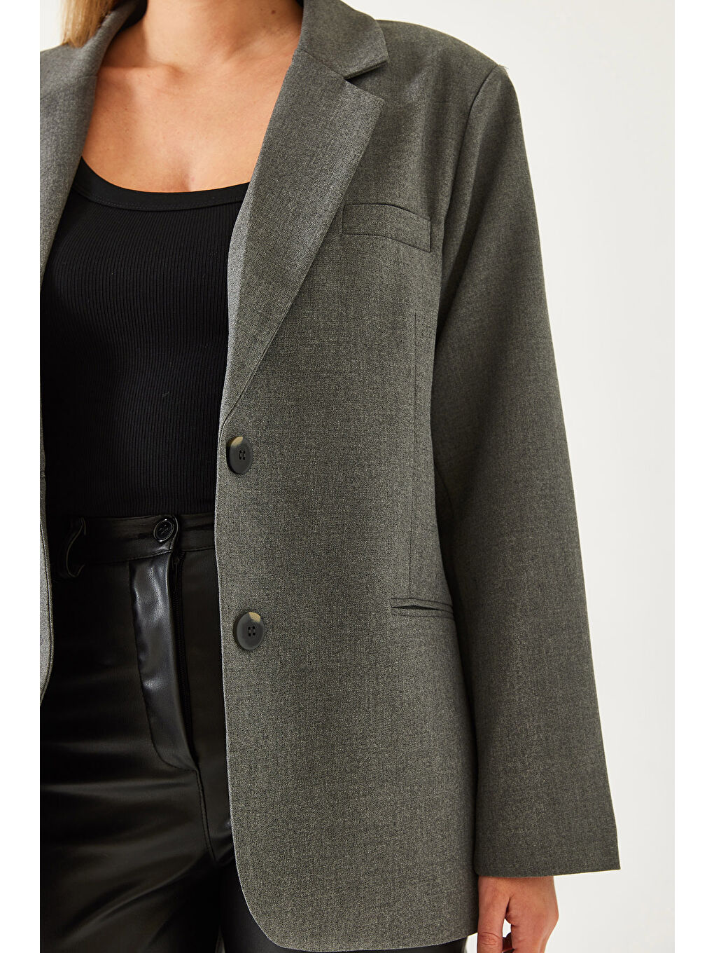 Antrasit Kadın Vatkalı Çift Cepli Astarlı Blazer Ceket-4