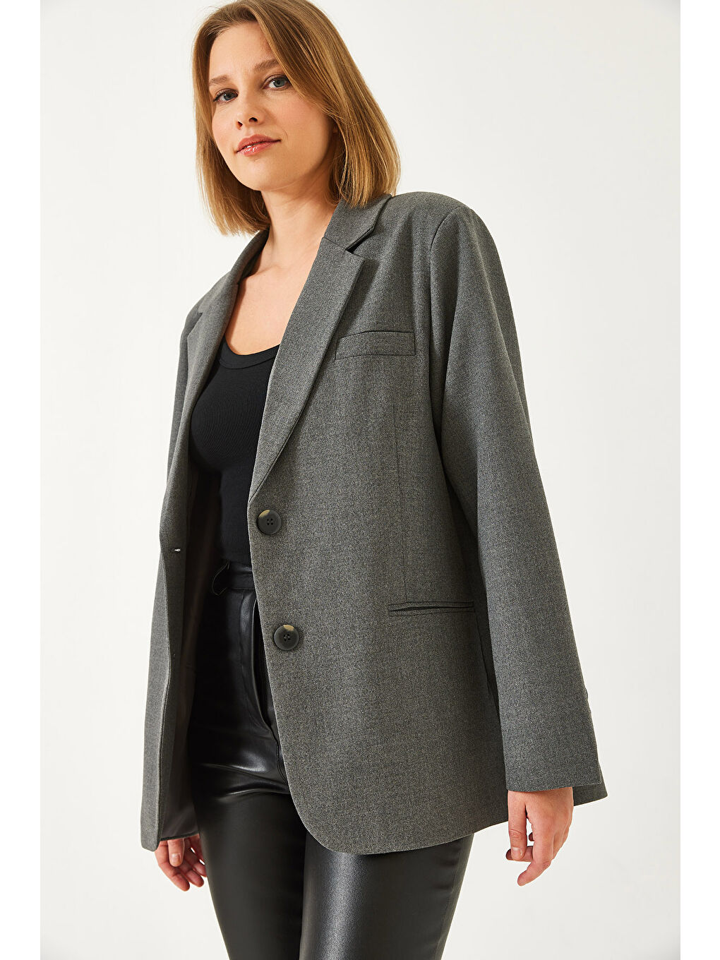 Antrasit Kadın Vatkalı Çift Cepli Astarlı Blazer Ceket-5