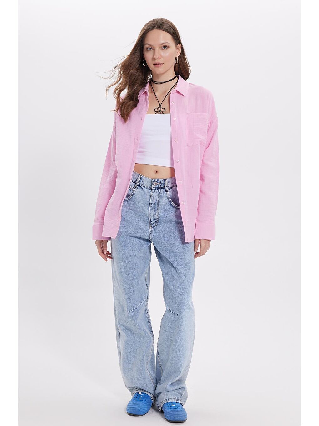 Kadın Oversize Geniş Kesim %100 Pamuk Müslin Kumaş Uzun Kollu Cepli Dokulu Lila Gömlek-2