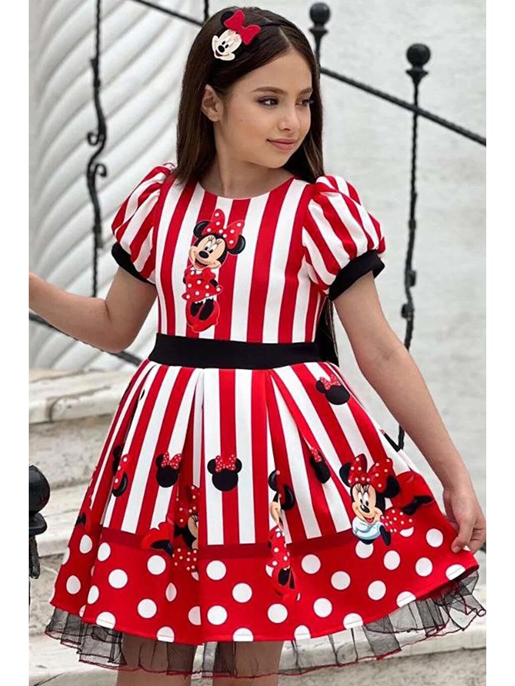 Kız Çocuk Üzeri Mc Maymun Baskılı Şerit Ve Çizgi Detaylı Kırmızı Elbise-1