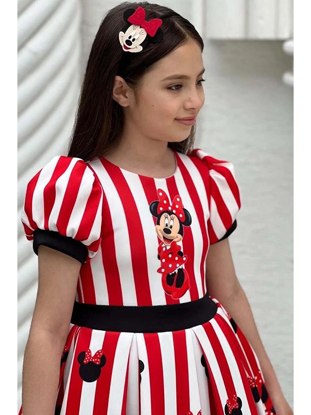 Kız Çocuk Üzeri Mc Maymun Baskılı Şerit Ve Çizgi Detaylı Kırmızı Elbise-2