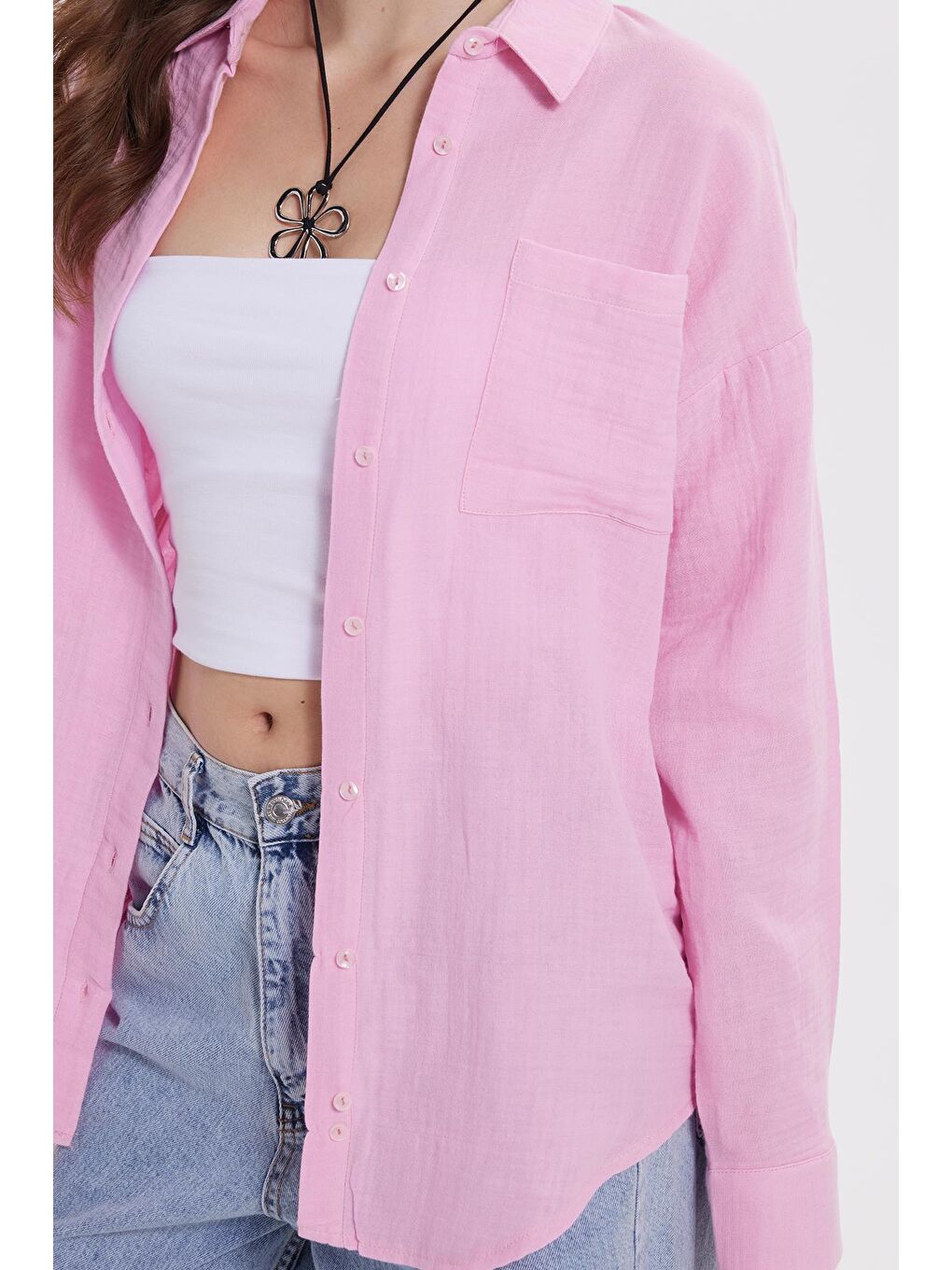 Kadın Oversize Geniş Kesim %100 Pamuk Müslin Kumaş Uzun Kollu Cepli Dokulu Lila Gömlek-3