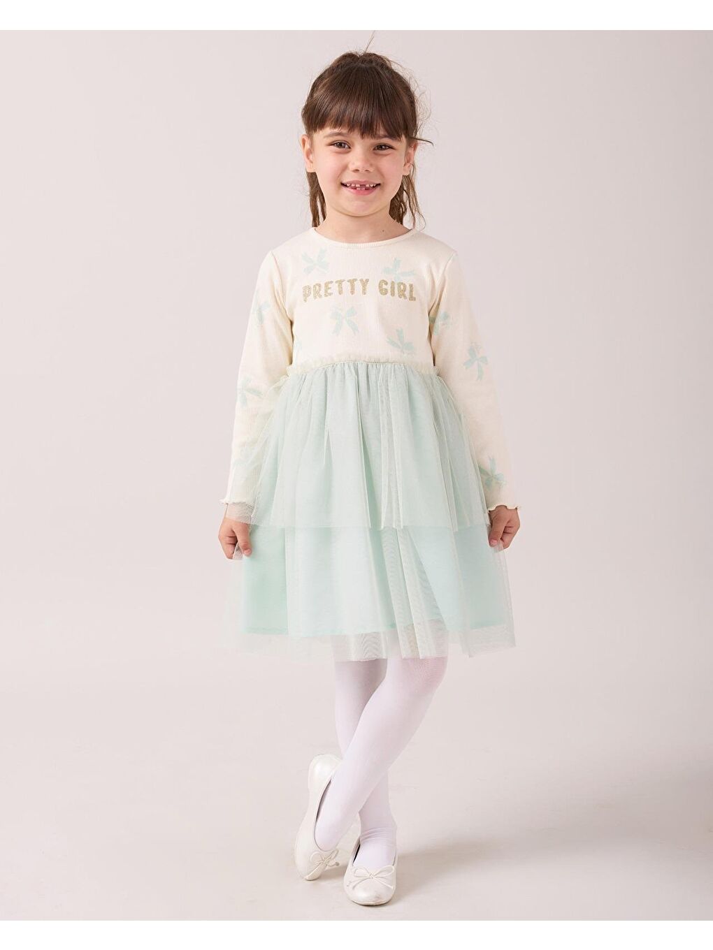 Yeşil Kız Çocuk Pamuklu Ekru Yazı Baskılı Tül Etekli Sweatshirt Elbise
