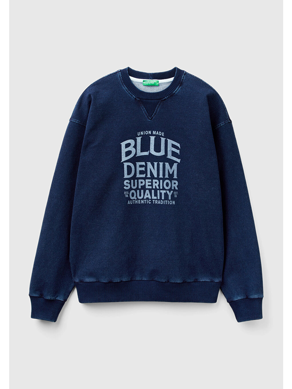 United Colors Of Benetton Erkek İndigo Pamuk Karışımlı Indigo Efekt Slogan Baskılı Sweatshirt - 1