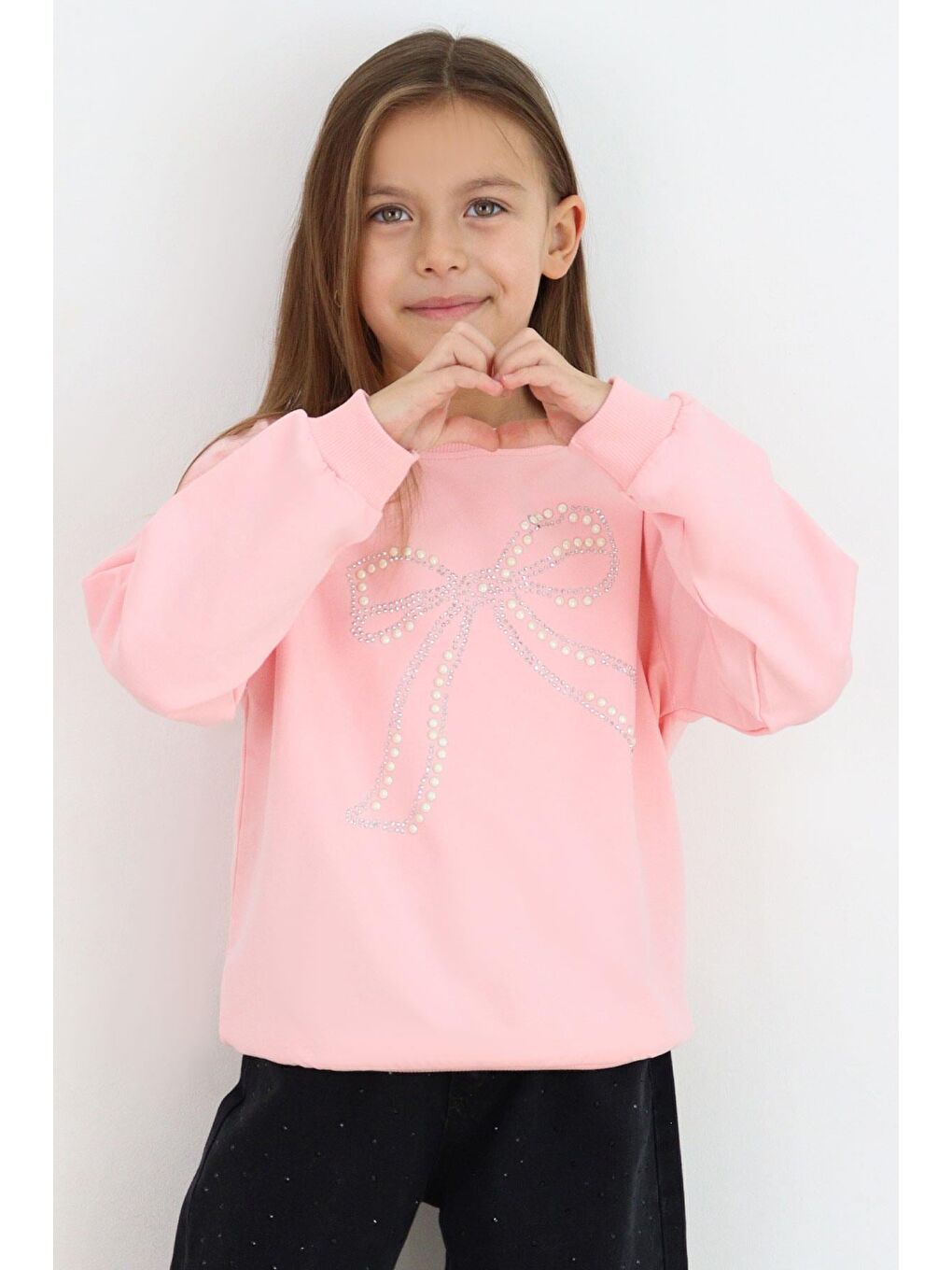 Kız Çocuk Sweatshirt İnci Taş İşlemeli Pembe (7-12 Yaş)-1