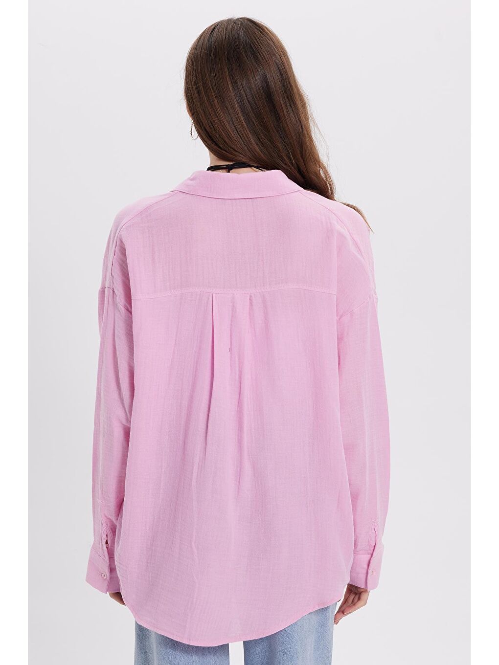Kadın Oversize Geniş Kesim %100 Pamuk Müslin Kumaş Uzun Kollu Cepli Dokulu Lila Gömlek-5