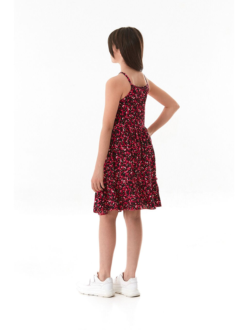 Fuşya Çiçekli Askılı Kız Çocuk Elbise-3