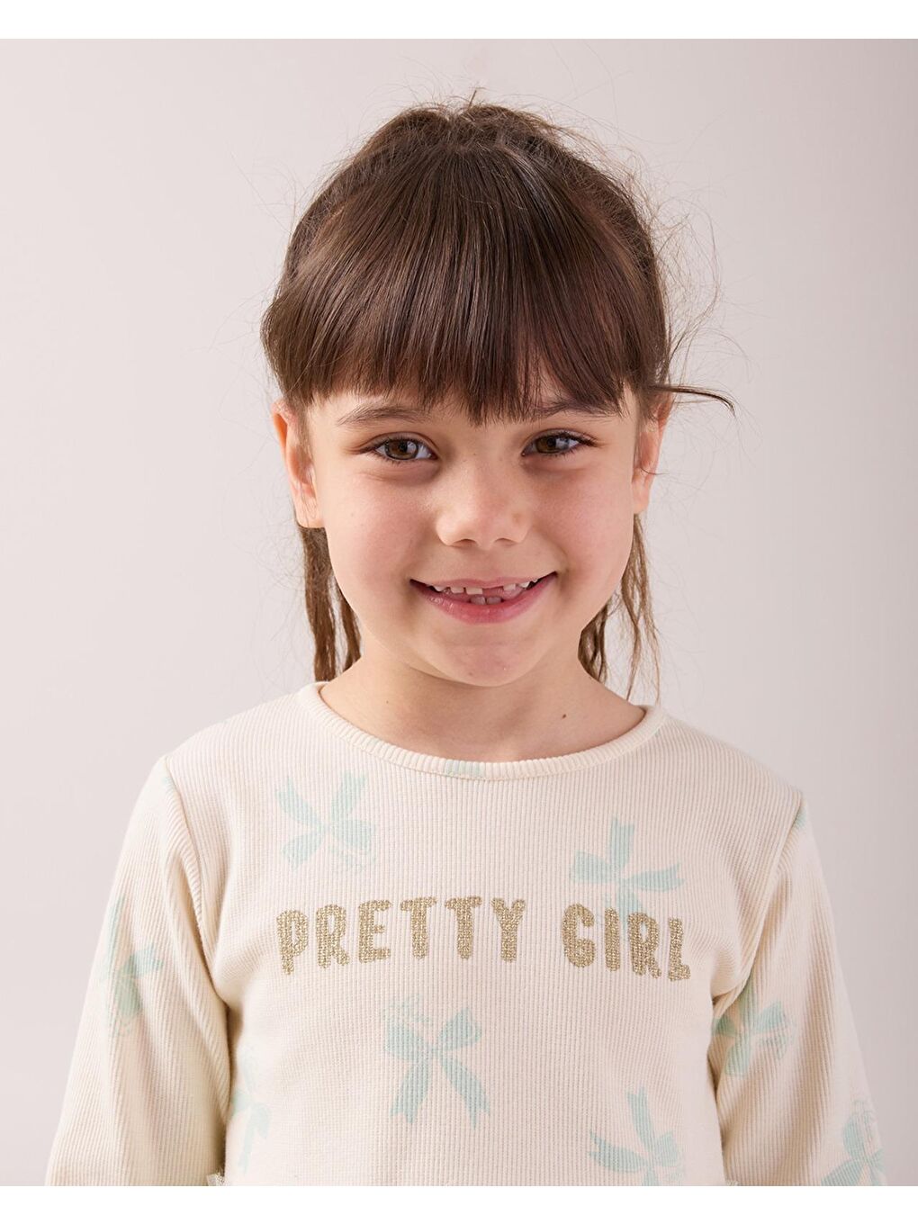 Yeşil Kız Çocuk Pamuklu Ekru Yazı Baskılı Tül Etekli Sweatshirt Elbise-1