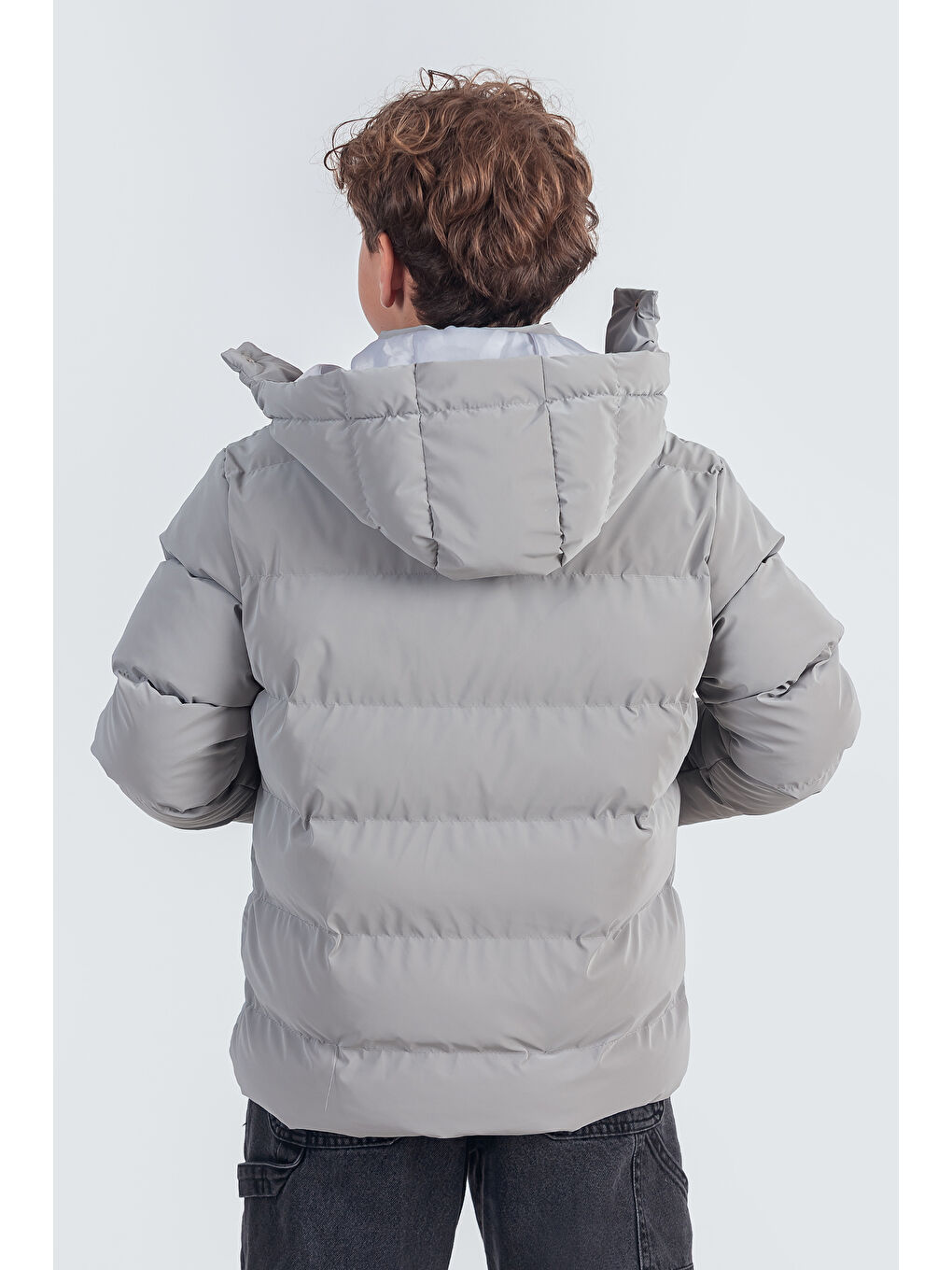 Gri Nova Kumaş Kapüşonlu Erkek Çocuk Kışlık Mont KM2509-5