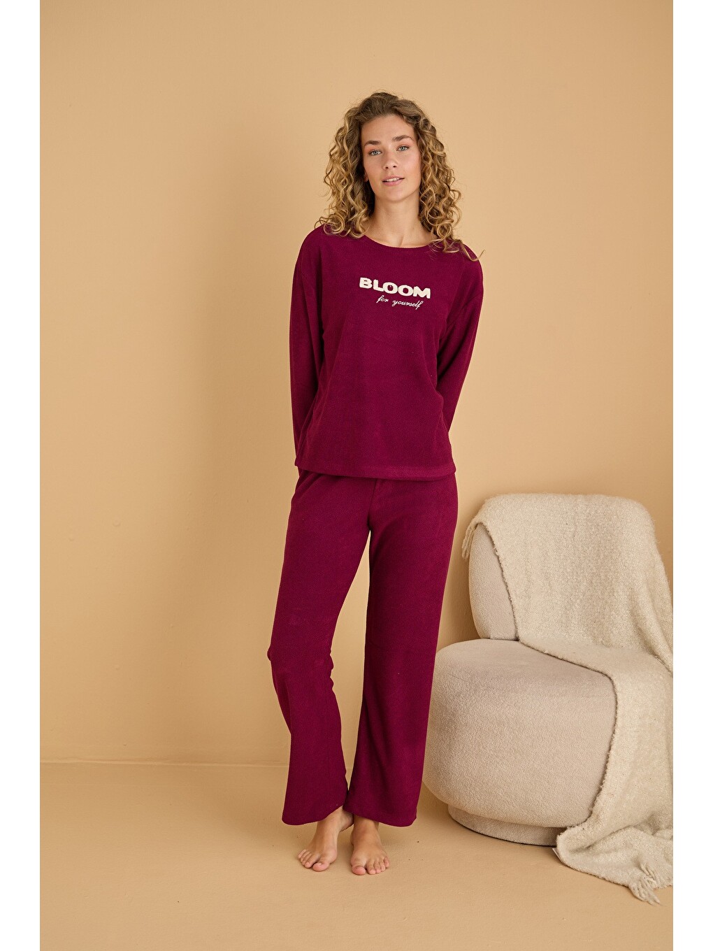 Bordo Havlu Kumaş Örme Pijama Takım25226006-1