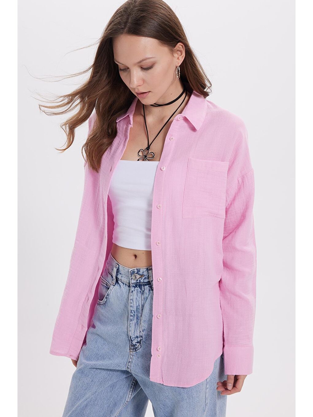 Kadın Oversize Geniş Kesim %100 Pamuk Müslin Kumaş Uzun Kollu Cepli Dokulu Lila Gömlek-6