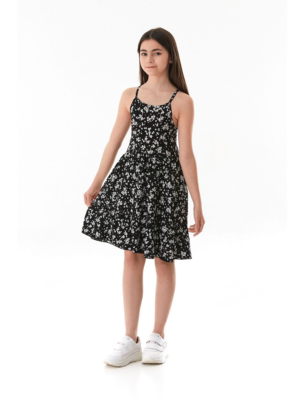 Siyah Çiçekli Askılı Kız Çocuk Elbise
