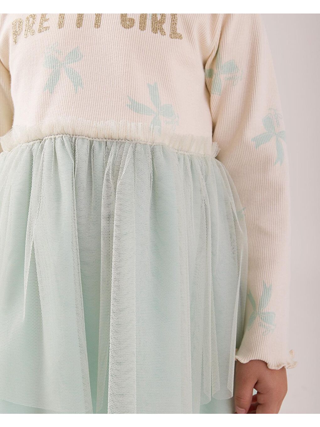 Yeşil Kız Çocuk Pamuklu Ekru Yazı Baskılı Tül Etekli Sweatshirt Elbise-2