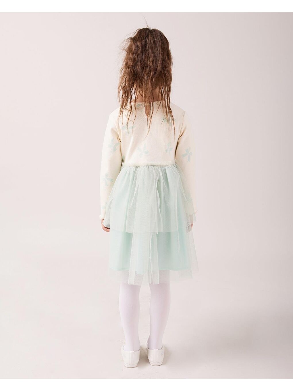 Yeşil Kız Çocuk Pamuklu Ekru Yazı Baskılı Tül Etekli Sweatshirt Elbise-3