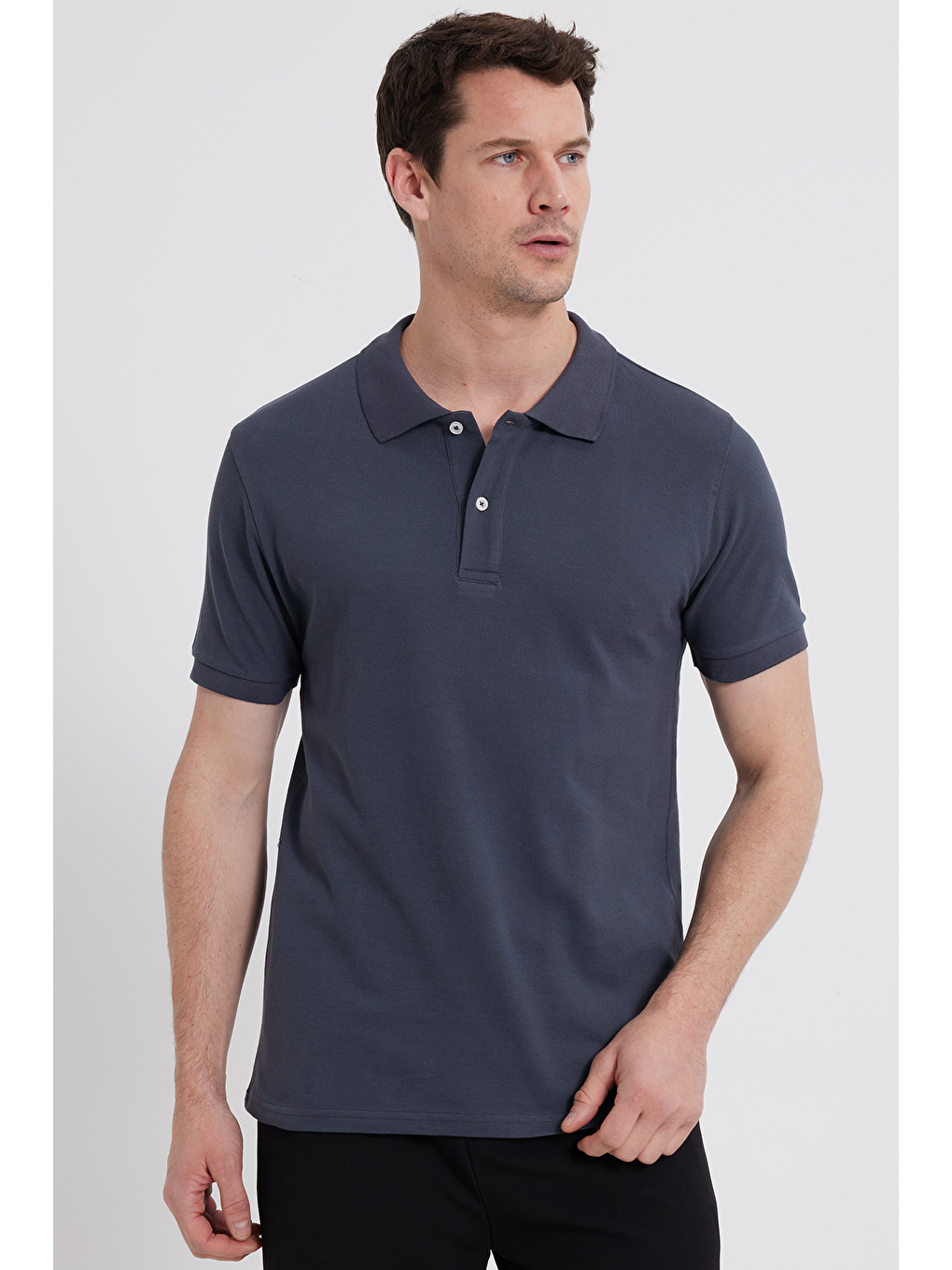 Erkek Slim Fit Dar Kesim %100 Pamuk Koyu Gri Polo Yaka Tişört-2