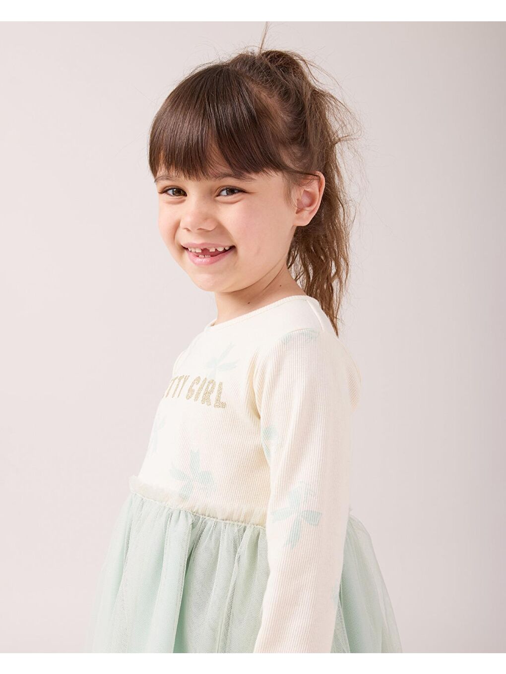 Yeşil Kız Çocuk Pamuklu Ekru Yazı Baskılı Tül Etekli Sweatshirt Elbise-4