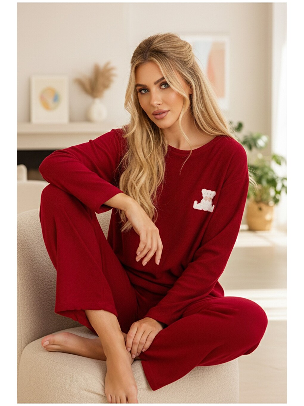 Bordo Havlu Kumaş Örme Pijama Takım25226007