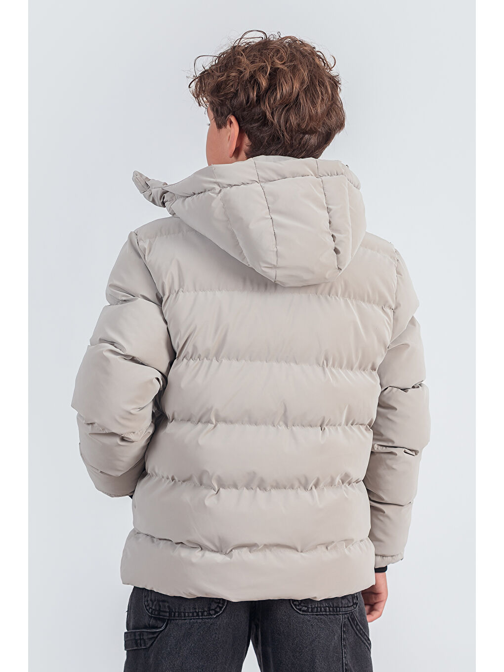 Bej Nova Kumaş Kapüşonlu Erkek Çocuk Kışlık Mont KM2509-3