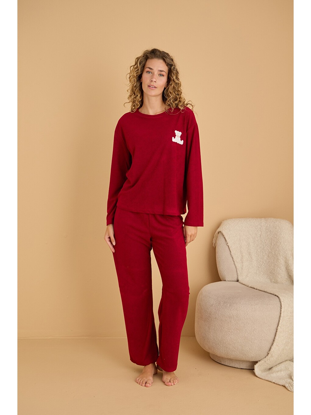 Bordo Havlu Kumaş Örme Pijama Takım25226007-1