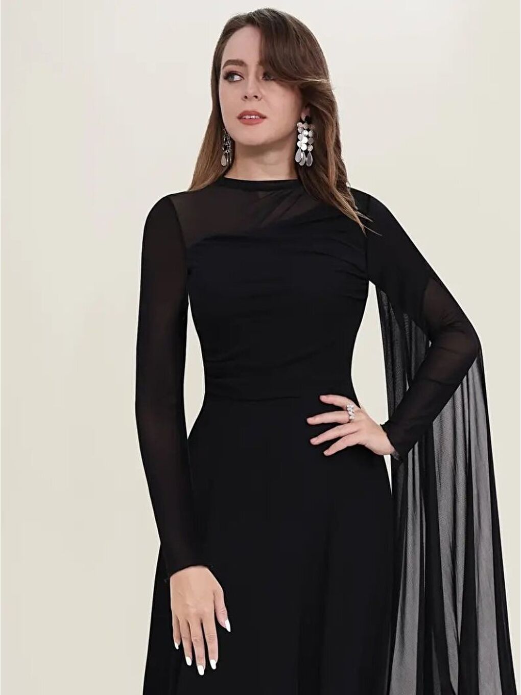 Siyah Kadın Uzun Kollu Yarı Balıkçı Yaka Tül Detaylı Uzun Sandy Elbise-2