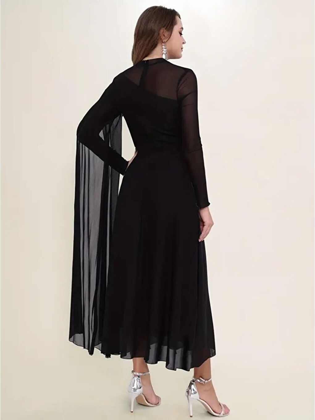 Siyah Kadın Uzun Kollu Yarı Balıkçı Yaka Tül Detaylı Uzun Sandy Elbise-3