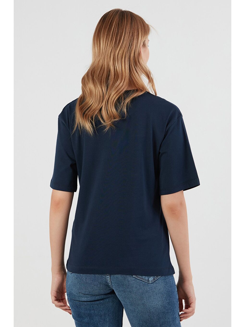 Lacivert Ayıcık Nakışlı Bisiklet Yaka Tişört-3