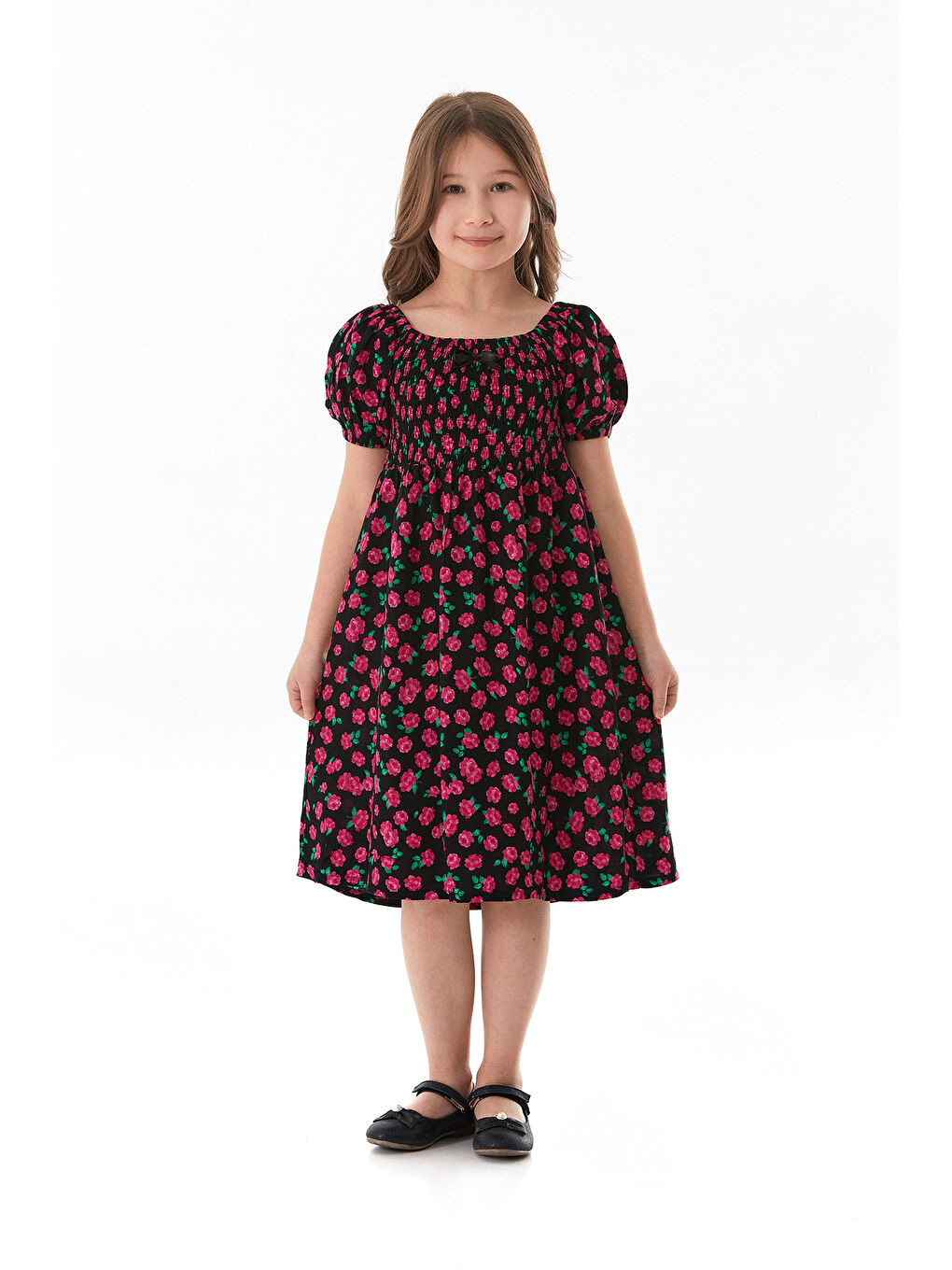 Siyah Çiçekli Madonna Yaka Balon Kol Kız Çocuk Elbise-1