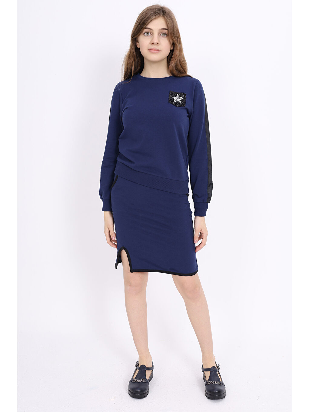 Lacivert Kız Çocuk Taş İşlemeli Etekli Takım-1