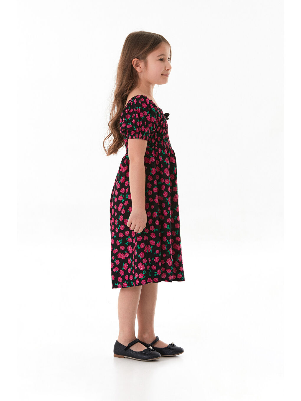 Siyah Çiçekli Madonna Yaka Balon Kol Kız Çocuk Elbise-2