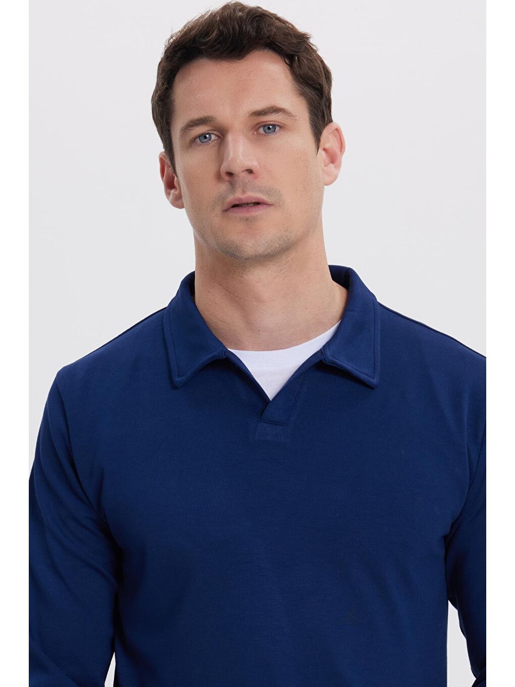 Erkek Relax Fit Rahat Kesim Polo V Yaka Açık Lacivert Sweatshirt-1