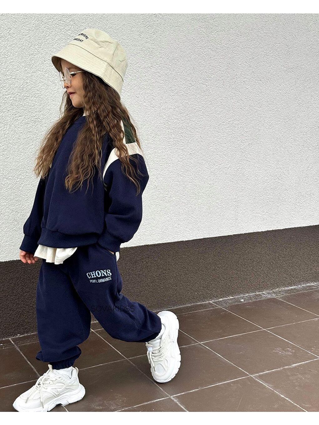 Lacivert Unisex Çocuk Kışlık Chons Sloganlı Pamuklu Sweatshirt Eşofman Alt-Üst Takım