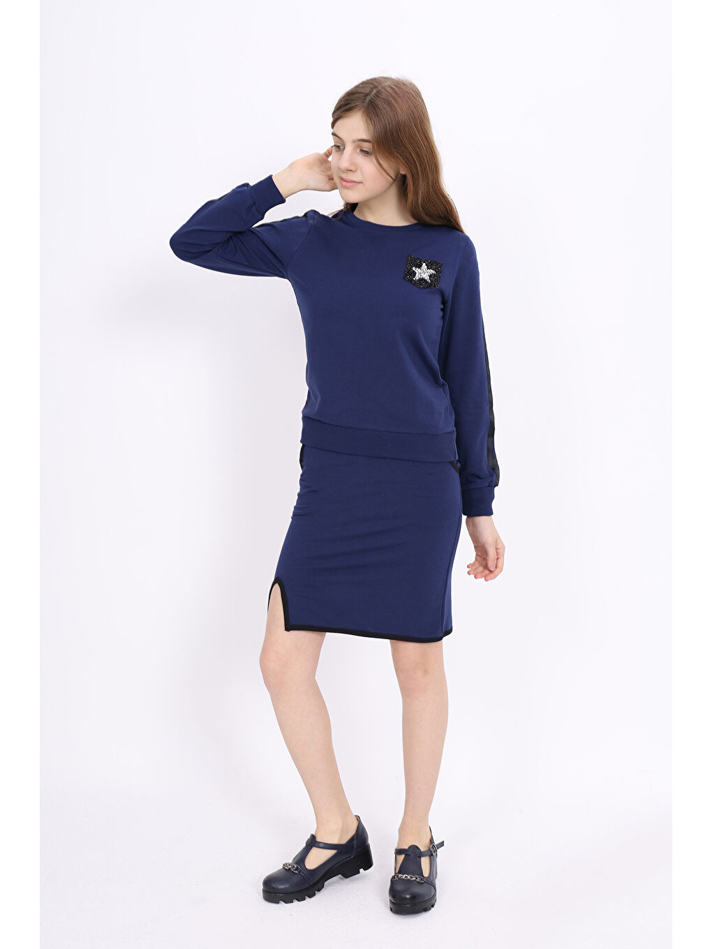 Lacivert Kız Çocuk Taş İşlemeli Etekli Takım-6