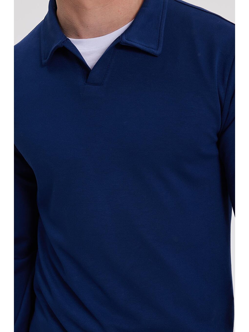 Erkek Relax Fit Rahat Kesim Polo V Yaka Açık Lacivert Sweatshirt-2
