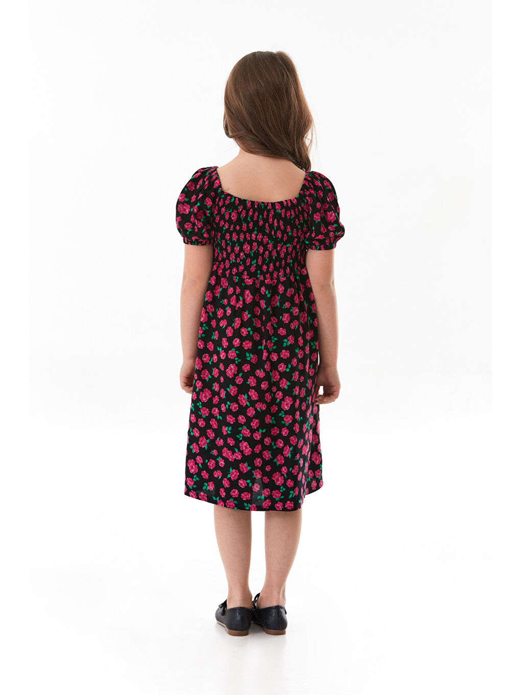 Siyah Çiçekli Madonna Yaka Balon Kol Kız Çocuk Elbise-3