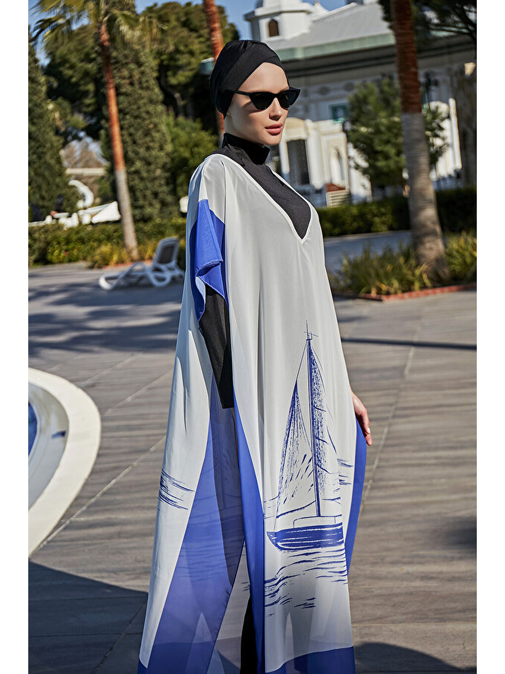 Mavi Tesettür Mayo Üzerine Tasarım Tek Kaftan Pareo RDP003 Yelkenli-3