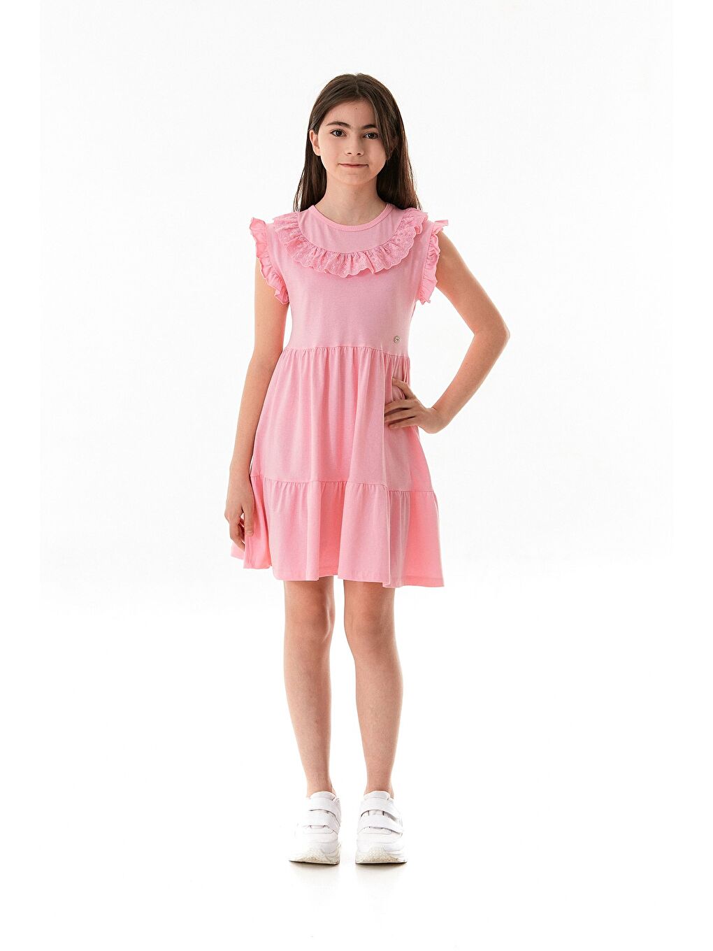 Pembe Yakası Güpürlü Kız Çocuk Elbise