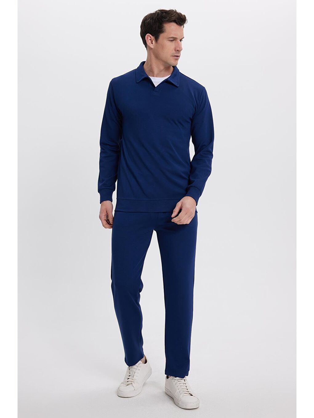 Erkek Relax Fit Rahat Kesim Polo V Yaka Açık Lacivert Sweatshirt-3