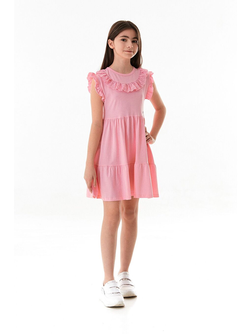 Pembe Yakası Güpürlü Kız Çocuk Elbise-1