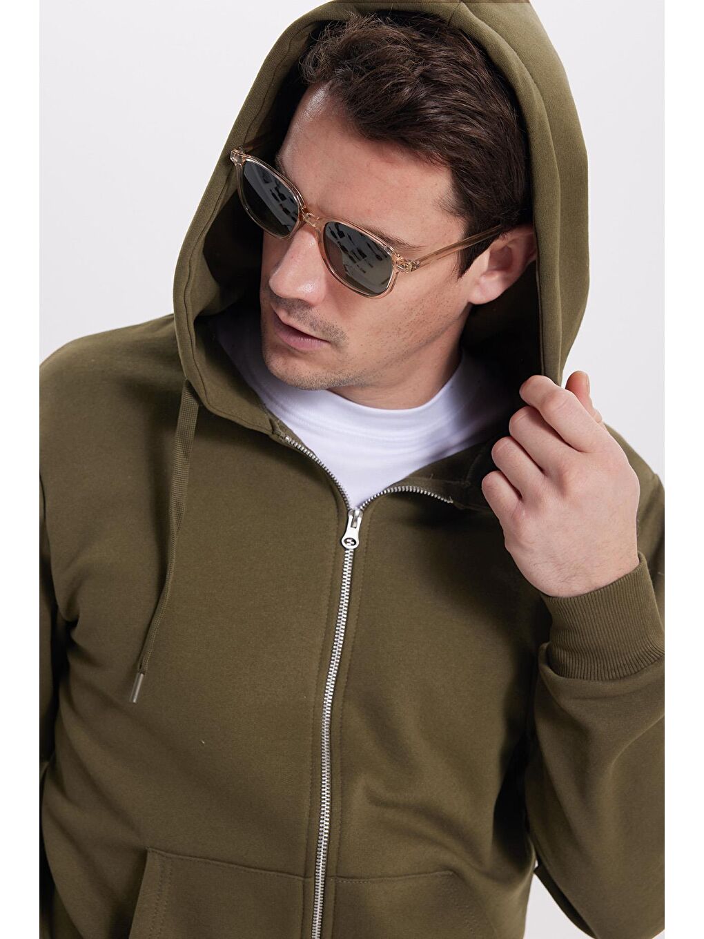 Unisex Relax Fit Rahat Kesim Pamuklu İçi Polarlı Çift Cepli Tam Fermuarlı Haki Kapüşonlu Sweatshirt-1