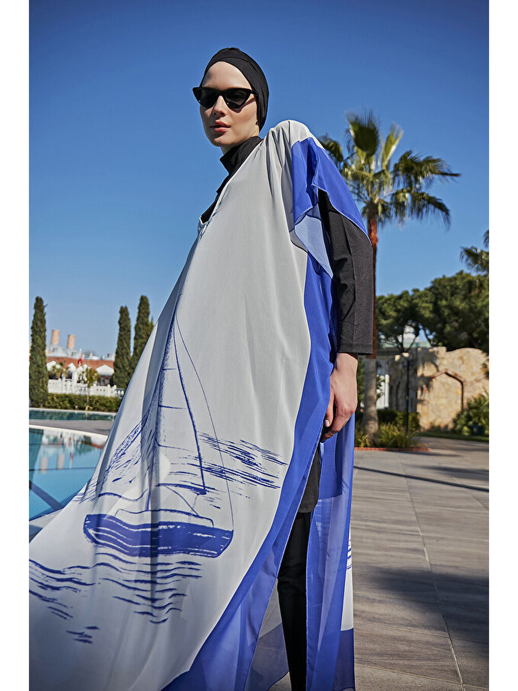 Mavi Tesettür Mayo Üzerine Tasarım Tek Kaftan Pareo RDP003 Yelkenli-4