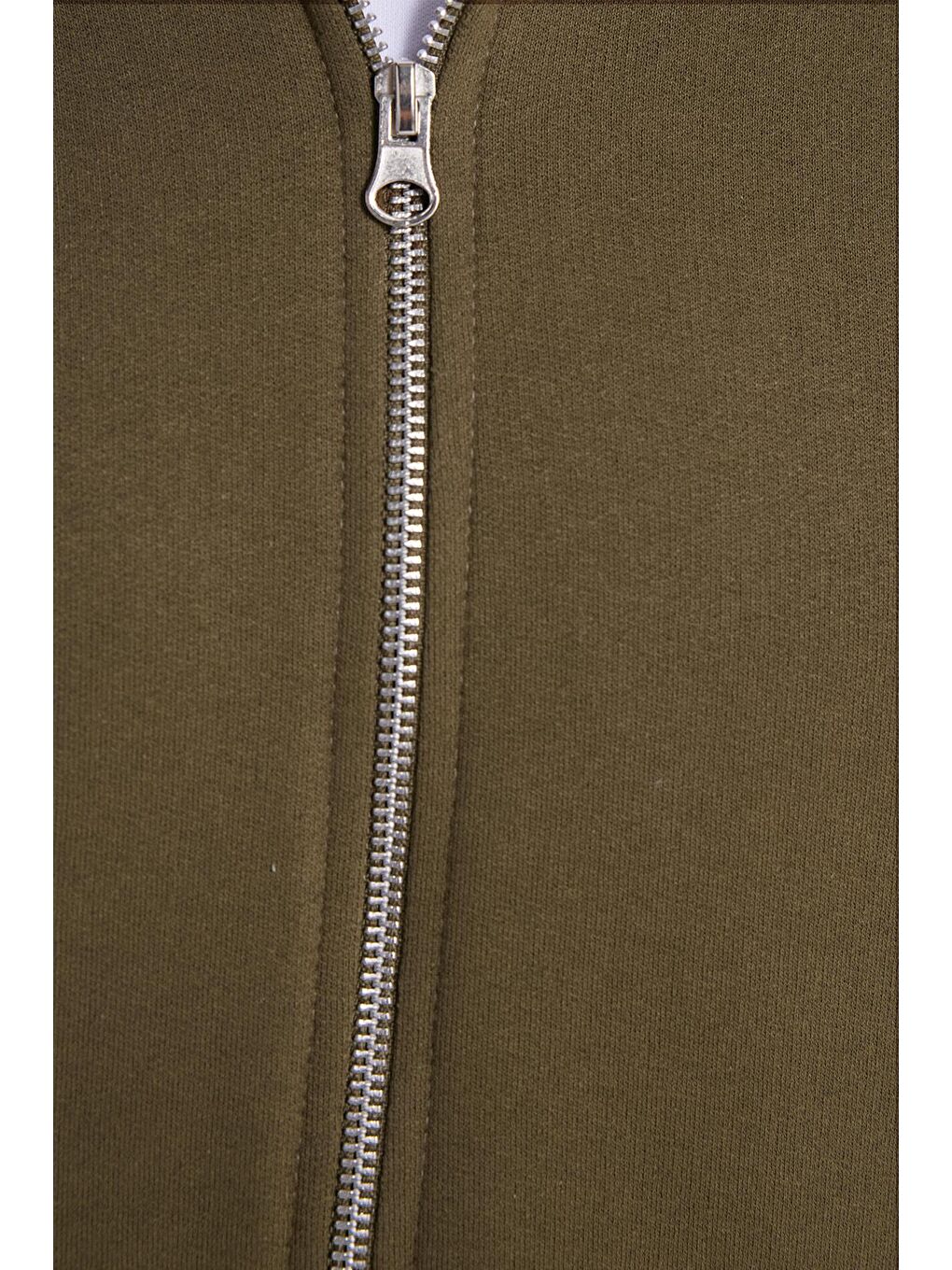 Unisex Relax Fit Rahat Kesim Pamuklu İçi Polarlı Çift Cepli Tam Fermuarlı Haki Kapüşonlu Sweatshirt-2